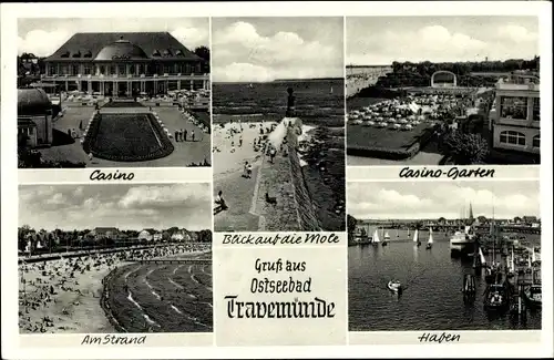 Ak Ostseebad Travemünde Lübeck, Casino, Casino-Garten, Hafen, Strand, Blick auf die Mole
