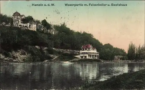 Ak Hameln an der Weser Niedersachsen, Fluss, Felsenkeller, Bootshaus