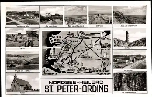 Ak Sankt Peter Ording in Nordfriesland, Landkarte, Kirche, Leuchtturm, Waldpartie, Strand