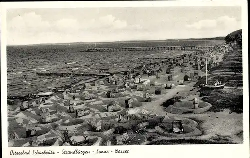 Ak Ostseebad Scharbeutz in Holstein, Strandburgen, Sonne, Wasser, Strand, Steg
