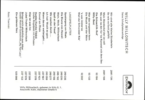 Ak Schauspieler und Sänger Willy Millowitsch, Portrait, Polydor, Autogramm