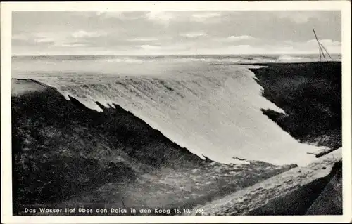 Ak Norderhafen Kiewhuk Insel Nordstrand in Nordfriesland, Sturmflut 18.10.1936, Deich, Koog