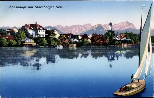 Ak Seeshaupt Starnberger See, Teilansicht, Segelboot