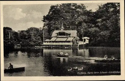 Ak Freiberg in Sachsen, Schwan-Schlösschen, Ruderboote