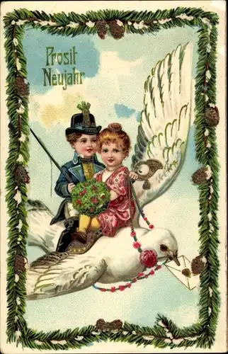 Passepartout Ak Glückwunsch Neujahr, Liebespaar auf Taube fliegend, Tannenzweige