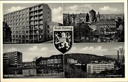 Ak Stolberg im Rheinland, Krankenhaus, Burg, Industriegelände, Am Bastingsweiher, Wappen