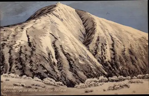 Künstler Ak Malá Úpa Kleinaupa Riesengebirge Reg. Königgrätz, Schneekoppe vom Aupa-Fall aus, Winter