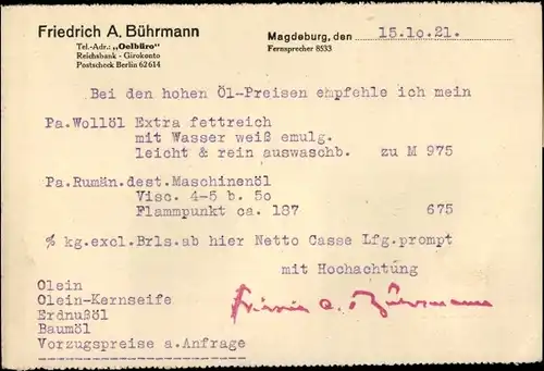 Ak Magdeburg an der Elbe, Firma Friedrich A. Bührmann, Oelbüro, Wollöl, Maschinenöl, Olein