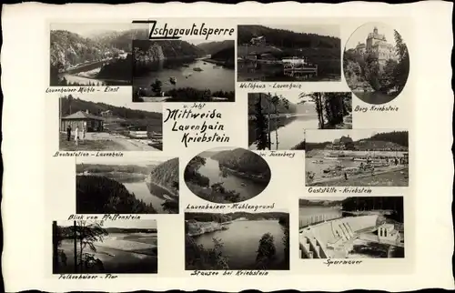 Foto Ak Kriebstein Mittelsachsen, Zschopau Talsperre, Sperrmauer, Blick vom Pfaffenstein, Gaststätte