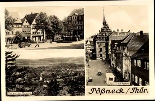 Ak Pößneck in Thüringen, Blick von der Altenburg, Marktplatz, Krautgasse mit Rathaus