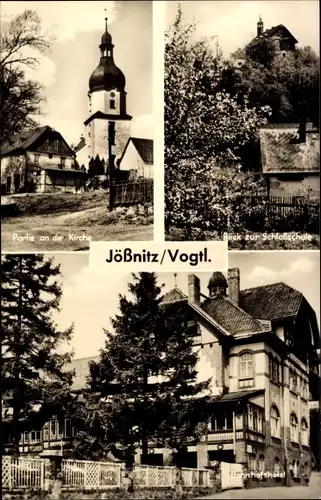 Ak Jößnitz Vogtland, Bahnhofshotel, Kirchpartie, Schlossschule