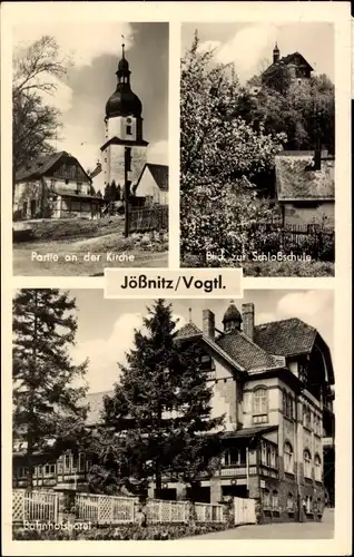 Ak Jößnitz Vogtland, Bahnhofshotel, Kirchpartie, Schlossschule