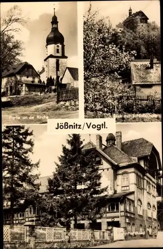 Ak Jößnitz Vogtland, Bahnhofshotel, Kirchpartie, Schlossschule