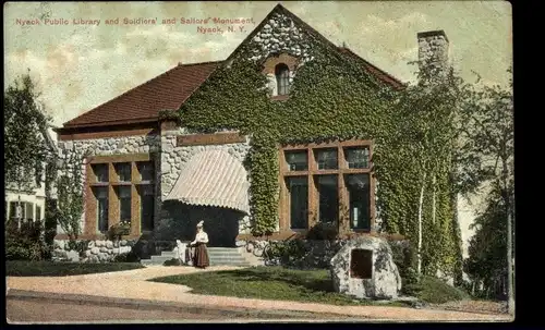 Ak Nyack New York, Public Library and Soldiers' and Sailors' Monument