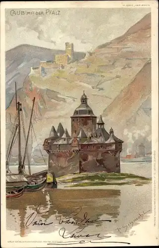 Künstler Litho Schmohl, P., Kaub in Rheinland Pfalz, Burg Pfalzgrafenstein