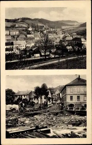 Ak Bad Gottleuba in Sachsen, Brücke an der Schule vor und nach dem Unwetter im Juli 1927