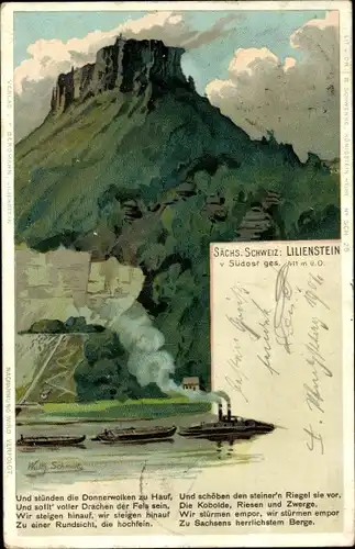 Künstler Litho Schmidt, W., Bad Schandau an der Elbe, Lilienstein, Dampfer, Gedicht