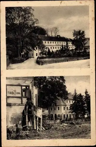 Ak Berggießhübel in Sachsen, Johann Georgen Bad vor und nach dem Unwetter 1927, Zerstörung