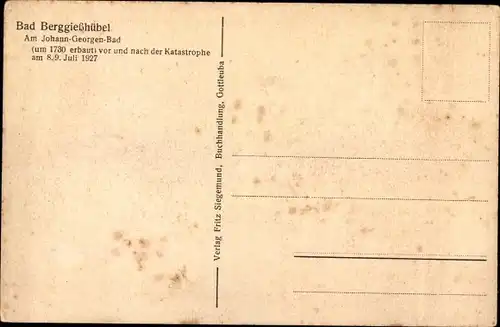 Ak Berggießhübel in Sachsen, Johann Georgen Bad vor und nach dem Unwetter 1927, Zerstörung