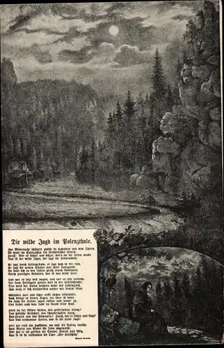 Mondschein Ak Polenztal Neustadt in Sachsen, Gedicht, Die wilde Jagd im Polenzthale