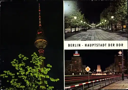 Ak Berlin, Brandenburger Tor, Fernseh- und UKW-Turm, Strausberger Platz, Nachtbeleuchtung