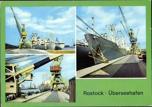 Ak Hansestadt Rostock, Überseehafen, Schiffe, Kräne