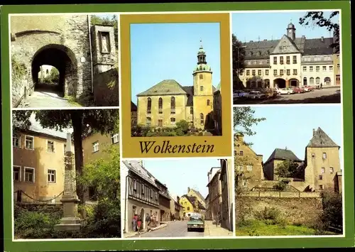 Ak Wolkenstein im Erzgebirge, Rathaus, Stadtkirche, Freiberger Straße, Schloss, Postmeilensäule