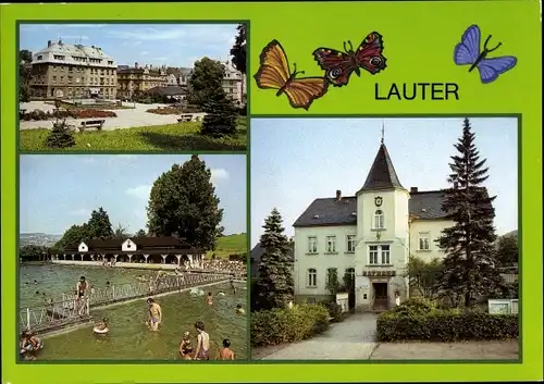 Ak Lauter Bernsbach im Erzgebirge Sachsen, Rathaus, Freibad, Markt, Schmetterlinge