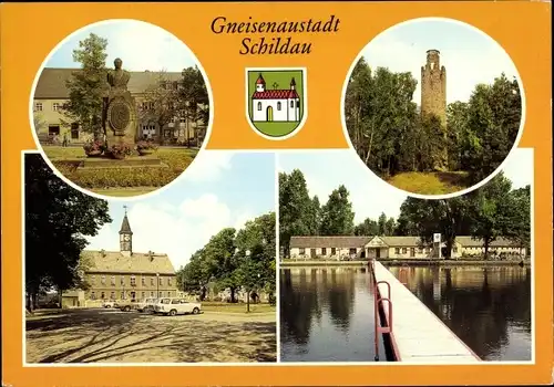 Ak Schildau in Sachsen, Gneisenaudenkmal, Platz der DSF, Seebad Neumühlenteich, Schildbergturm