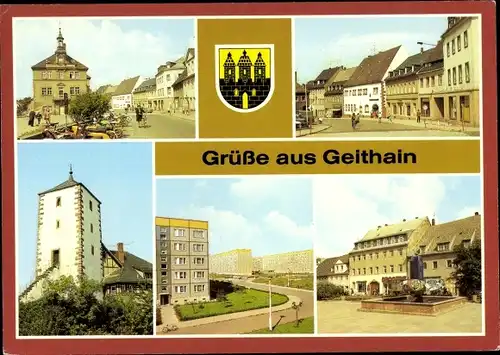 Wappen Ak Geithain in Sachsen, Markt, Leipziger Straße, Pulverturm, Neubauten, Brunnen am Markt