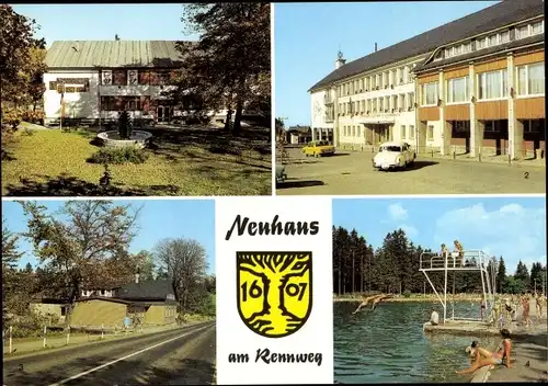 Ak Neuhaus am Rennweg Thüringen, Rathaus, Rennsteigbaude, Kreisratsgebäude, Waldbad