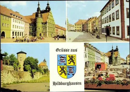 Ak Hildburghausen in Thüringen, Rathaus, Marx-Engels-Platz, Stadtmauer, Boulevard Cafe, Wappen