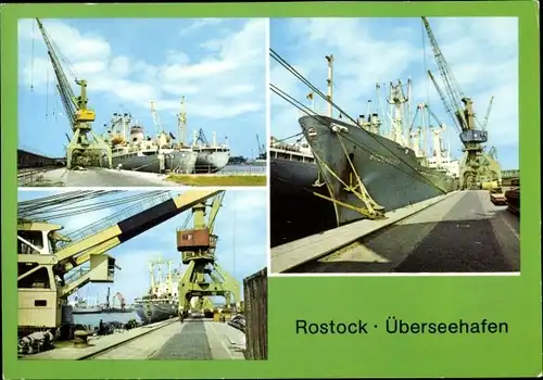 Ak Hansestadt Rostock, Überseehafen, Schiffe, Kräne