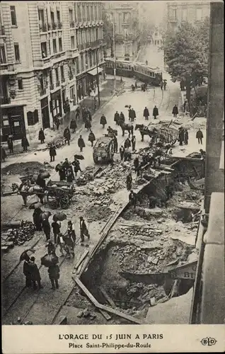 Ak Paris VIII, Der Sturm vom 15. Juni, Place Saint Philippe du Roule, Straßenbahn