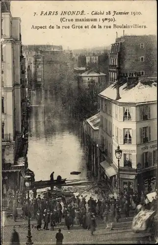 Postkarte Paris XVI Passy, Rue Gros und Rue de Boulainvilliers, Die große Seine-Flut Januar 1910