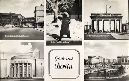 Ak Berlin Mitte, Brandenburger Tor, Stadtbär, Bahnhof Friedrichstraße, Stalinallee, Denkmal Stalin