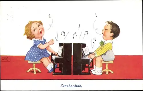 Künstler Ak Wills, John, Mädchen und Junge am Klavier, singend