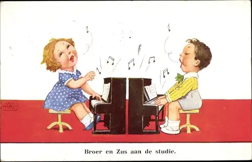 Künstler Ak Wills, John, Mädchen und Junge am Klavier, singend