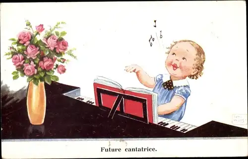 Künstler Ak Wills, John, Mädchen am Klavier, singend