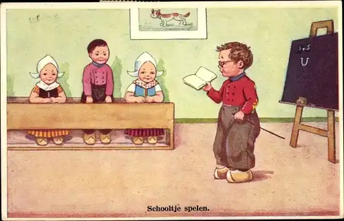 Künstler Ak Wills, John, Kinder in niederländischer Tracht spielen Schule