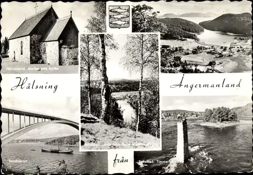 Ak Hälsning Angermanland, Hörnosand, Murbergets kyrka, Sandöbron, Panorama