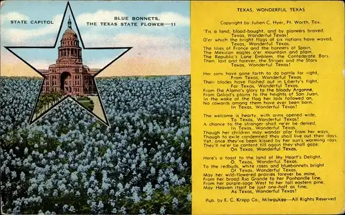 Song Ak Texas USA, State Capitol, Blue Bonnets, Song: Texas, wundervolles Texas