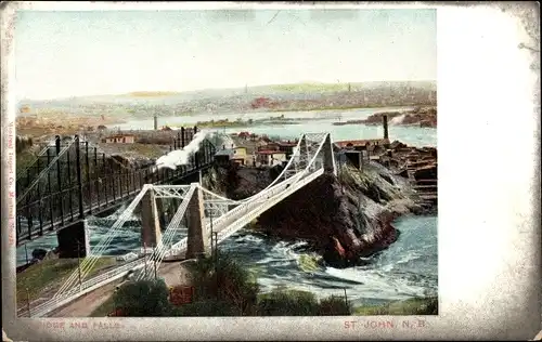 Ak St John New Brunswick Kanada, Brücke und Wasserfälle