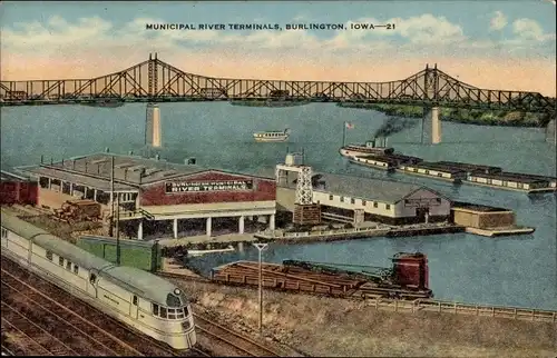 Ak Burlington Iowa USA, städtische Flussterminals