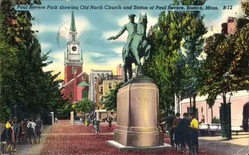 Ak Boston Massachusetts USA, Paul Revere Park, Kirche, Statue
