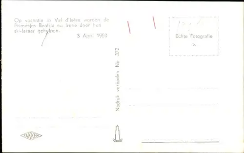 Ak Prinzessinnen Beatrix und Irene, Skifahrt, Niederländisches Königshaus, 1950