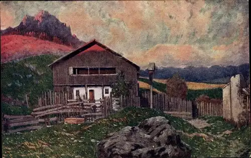 Künstler Ak Alpenglühen, Bauernhaus, Gebirge