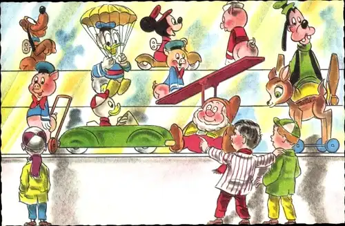 Künstler Ak Kinder vor einem Schaufenster mit Disney Spielzeugen, Goofy, Donald Duck