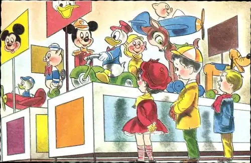 Künstler Ak Kinder im Spielzeugladen, Disney Spielzeuge, Mickey Maus, Donald Duck