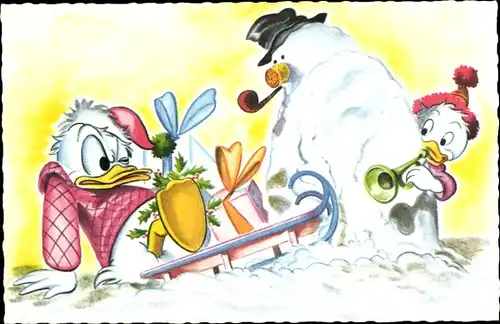 Künstler Ak Walt Disney, Donald Duck ist mit Schlitten gegen einen Schneemann gefahren